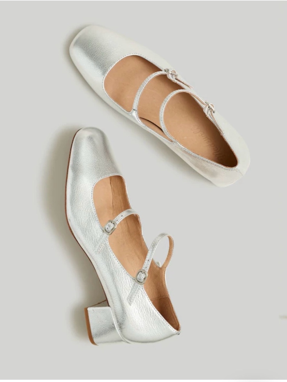 Madewell Silver Double-Strap Block Heel Mary Janes